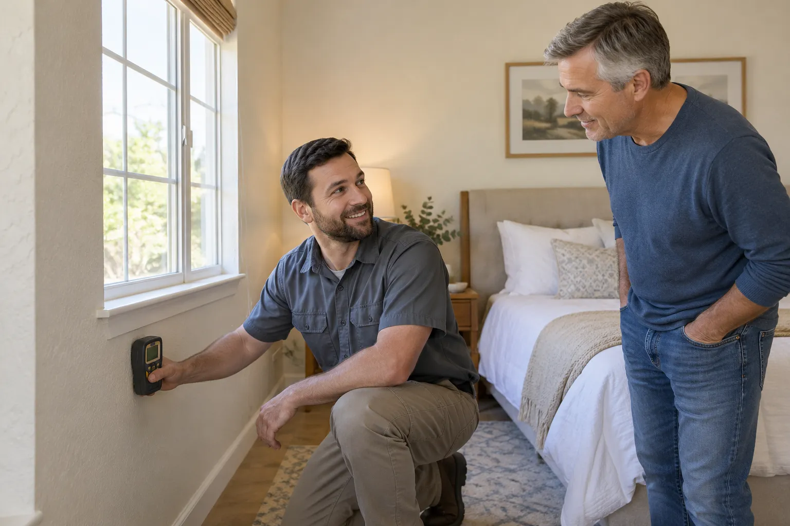 Friendly local mold inspector checking a bedroom wall with a moisture meter while a homeowner watches in Oakland